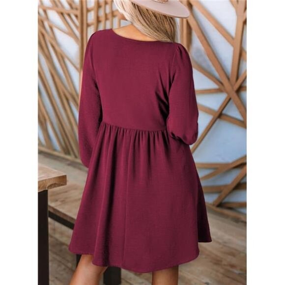 Womens 2025 Casual Dress Smocked Crewneck Button Up Long Sleeve Empire Rose - Picture 2 of 5